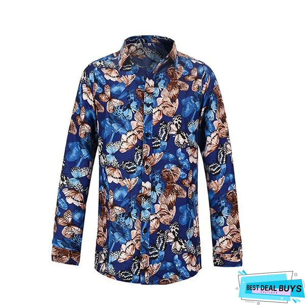 Men's Stylish Butterfly Printed Casual Slim Fit Long Sleeve Shirts