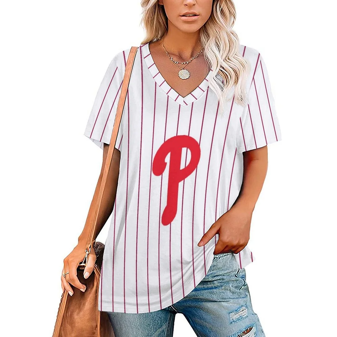 V-neck Short Sleeve Casual T-shirt for  Women Printed with Pattern Striped, Red, White