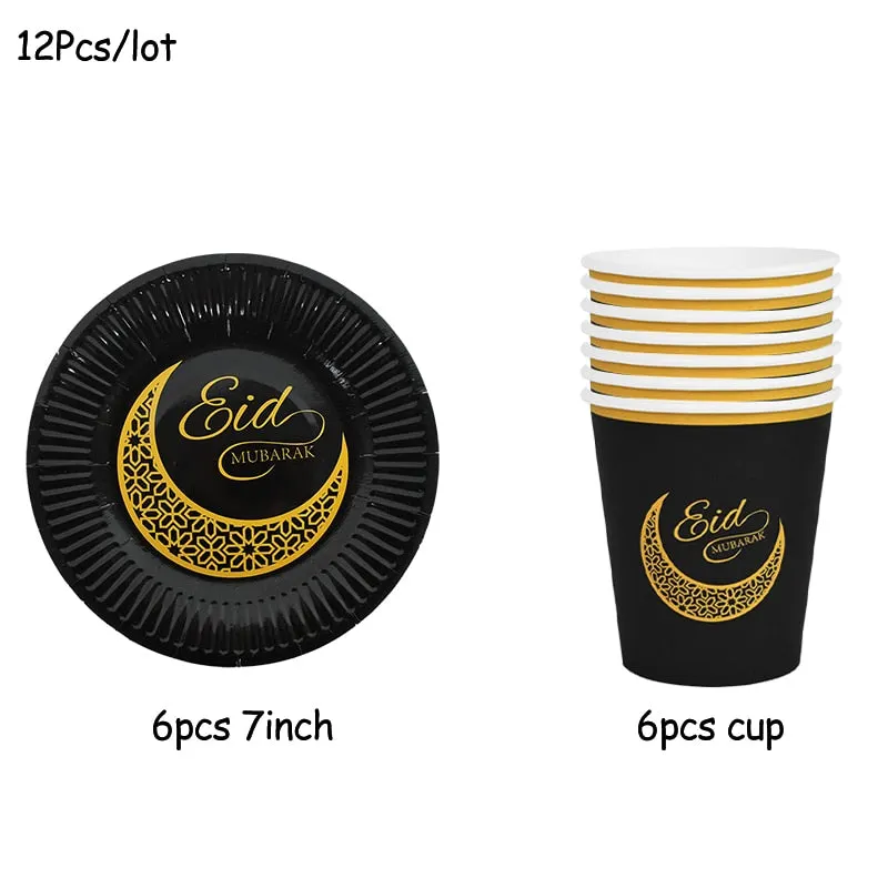 Ramadan Kareem Decoration Eid Mubarak Banner Balloons Disposable Tableware Set Ramadan Mubarak Muslim Islamic Party Decorations