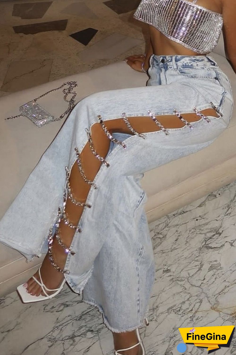 Sexy Sportswear Solid Rhinestone High Waist Loose Denim Jeans