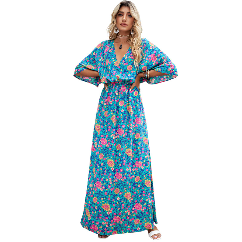 Mature Women Print Elastic Waist-controlled Long Sleeves Loose Maxi Dress