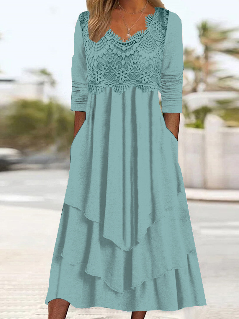 Women Half Sleeve V-neck Solid Color Dress