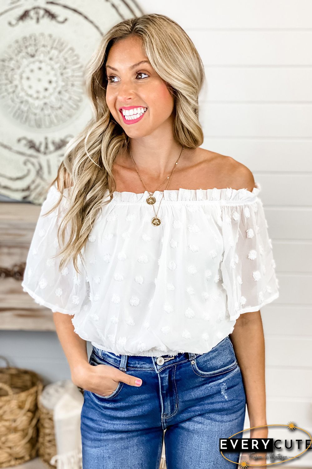 White Off The Shoulder Swiss Dot Crop Blouse