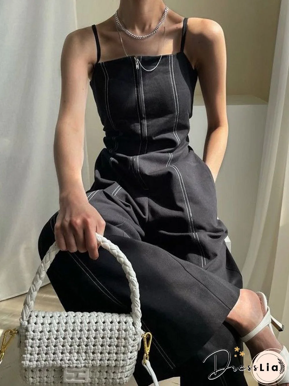 Women'S Jumpsuits Sling Zip Pocket High Waist Wide Leg Jumpsuit