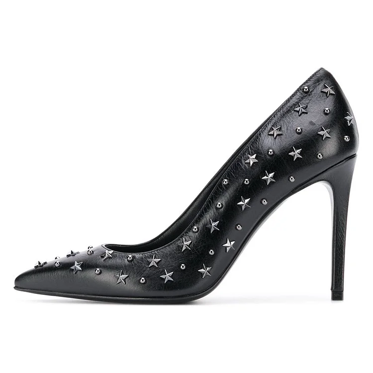 Black Star Pattern Studs Shoes Stiletto Heel Pumps |FSJ Shoes
