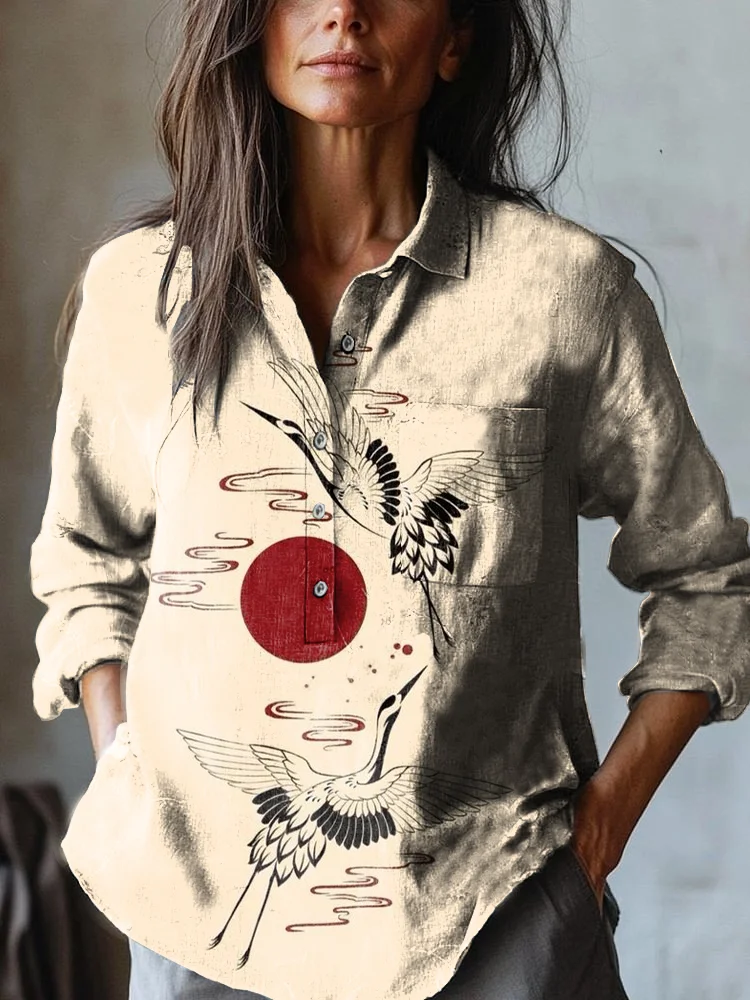 Women's Vintage Flying Cranes Art Print Casual Cotton And Linen Shirt