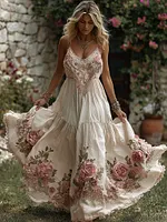 Women's Retro Pink Rose Art V Neck Suspender Maxi Dress