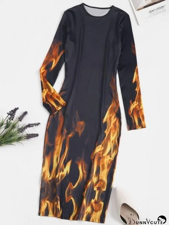 Long Sleeve Hot Flame Print Bodycon Dress for Women