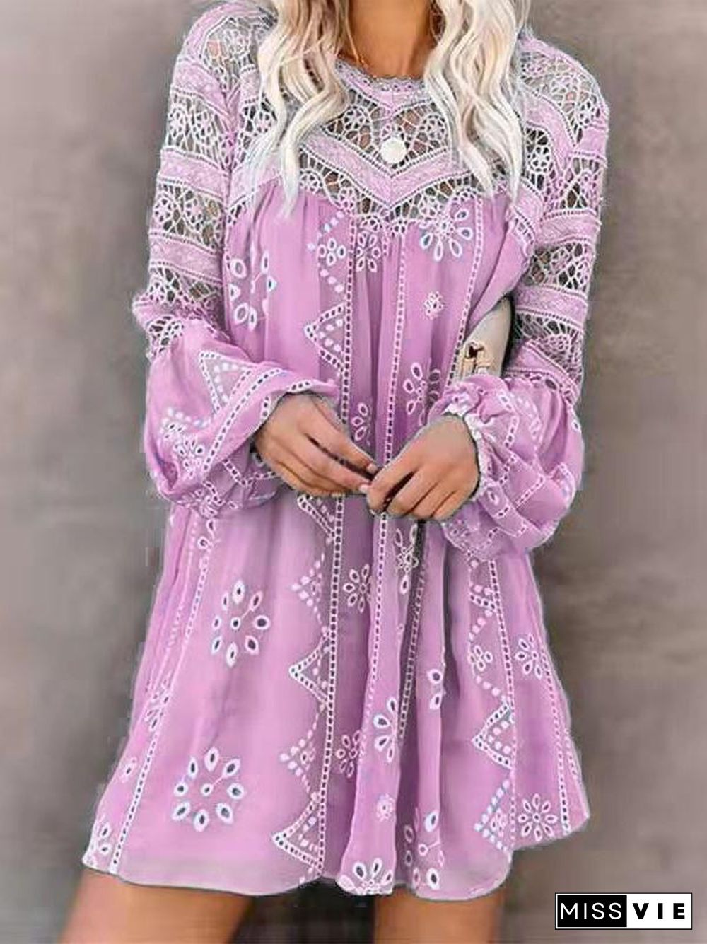 Women's Puff Sleeve Scoop Neck Lace Hollow Midi Dress