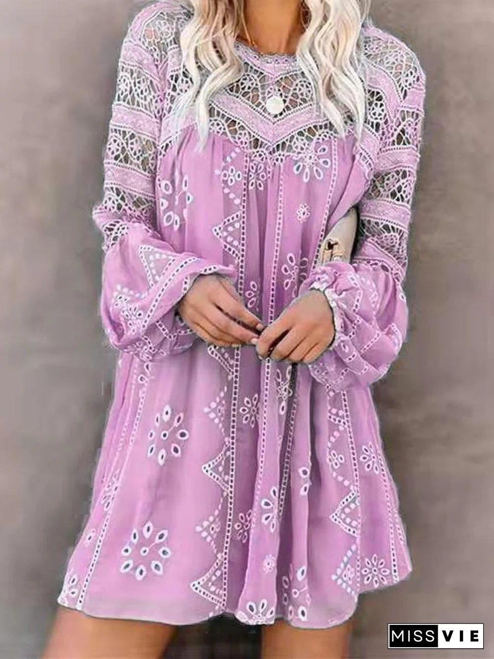 Women's Puff Sleeve Scoop Neck Lace Hollow Midi Dress