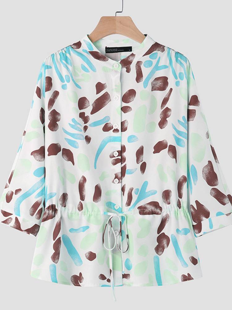 ZANZEA Vintage 3/4 Sleeve Irregular Print Spots Blouses Women Tunic Tops 2024 Summer Elegant Shirts Drawstring Waist Chemise