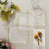 10 Pack | 7" Clear with Gold Rim Square Plastic Dessert Party Plates, Disposable Appetizer Salad Plates
