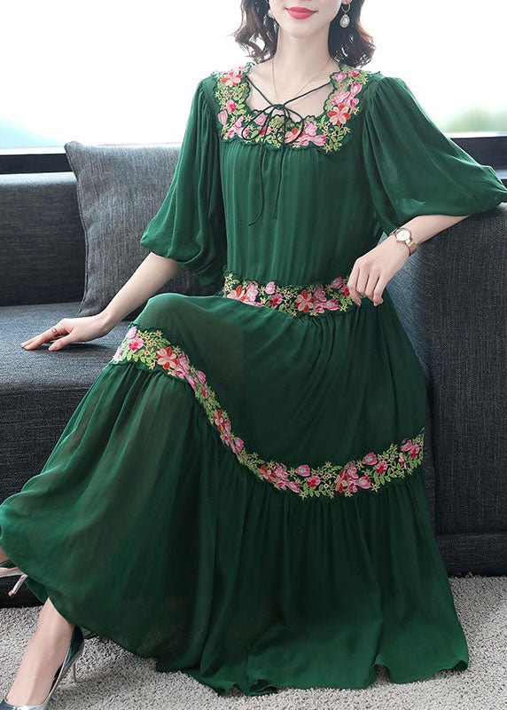 Beautiful Green Embroideried Floral Silk Dress CK194- Fabulory