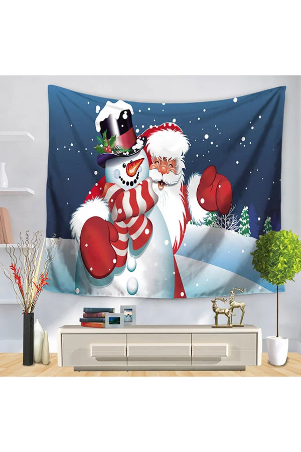 Santa Claus Snowman Print Merry Christmas Wall Tapestry Navy Blue-elleschic