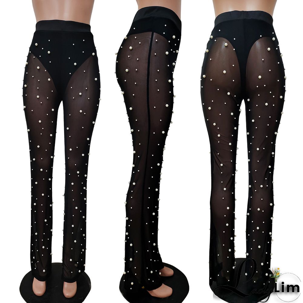 Autumn And Winter Women's Long Sleeve Blazer Beads Mesh Straight Pants Two Piece Suits