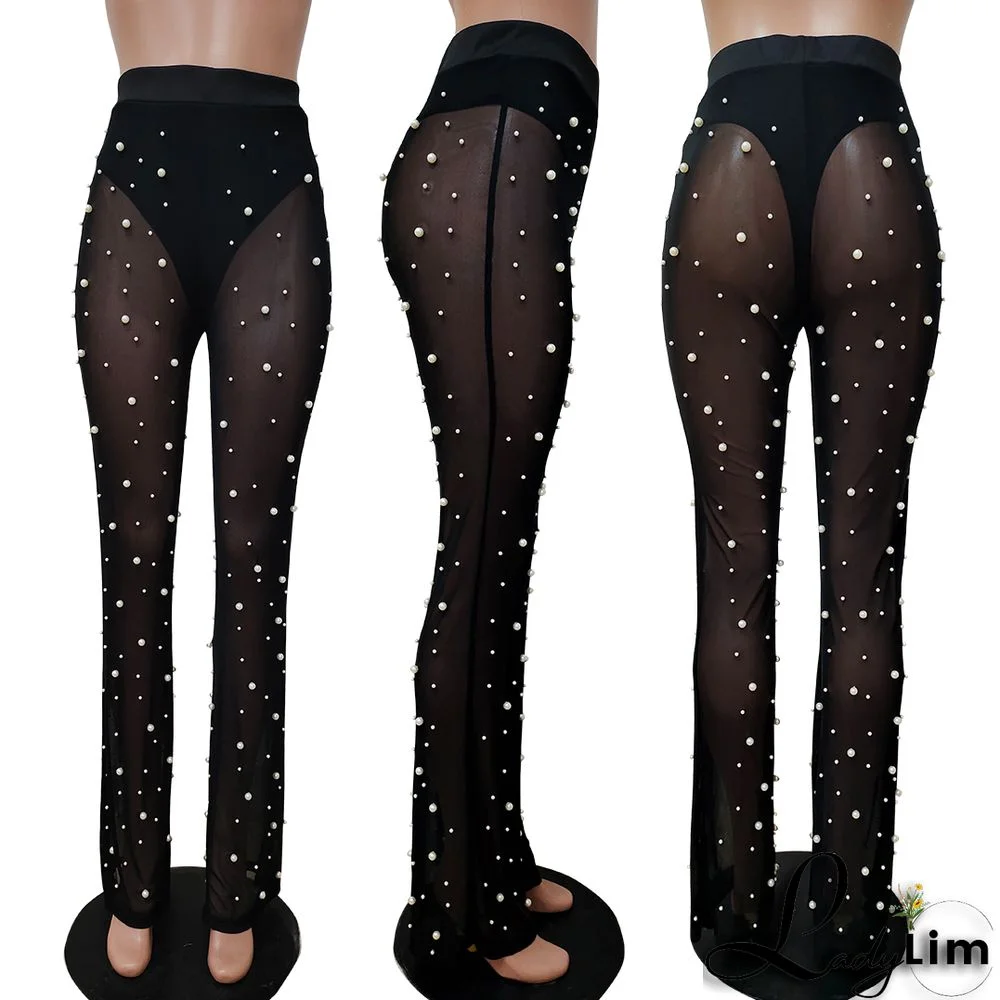 Autumn And Winter Women's Long Sleeve Blazer Beads Mesh Straight Pants Two Piece Suits