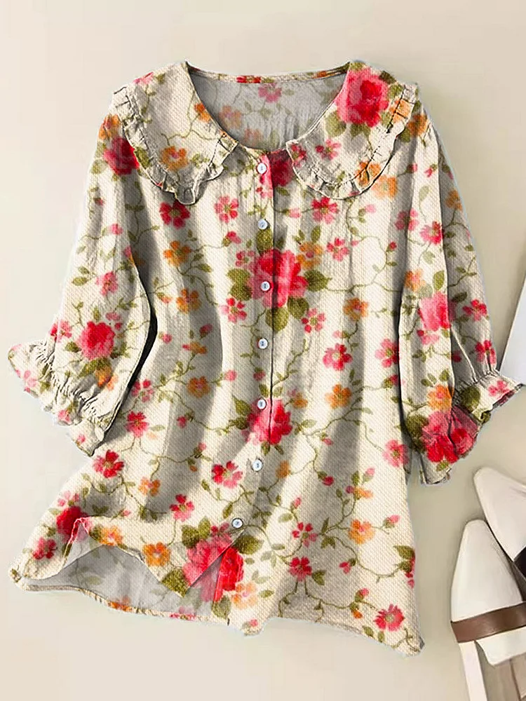 Women's Lovely Floral Art Print Casual Peter Pan Collar Cotton Shirt