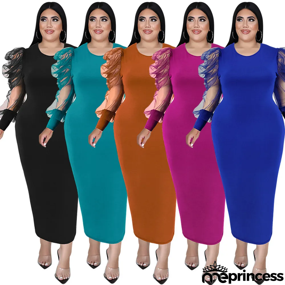 Plus Size Fall Women'S Round Neck Ruched Mesh Long Sleeve Solid Color Long Dress