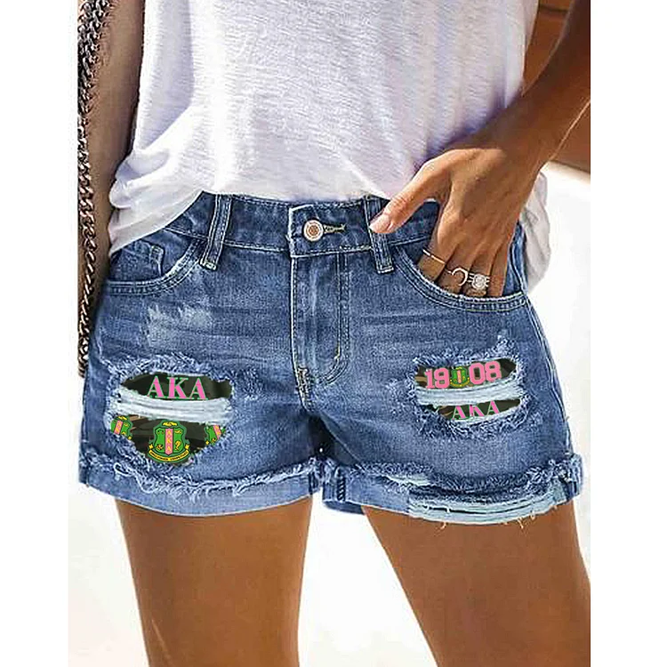 Fashion Print Ripped Denim Shorts