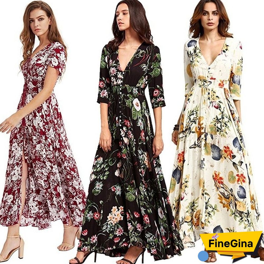 Womens Fashion Bohemian V Neck Print Big Swing Long Dress Plus Size