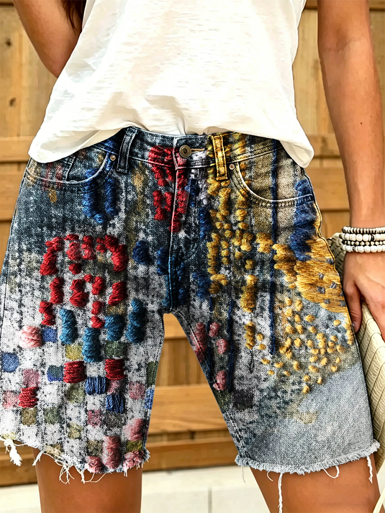 Women's Retro Colorful Art Print Casual Washed Cotton Denim Shorts