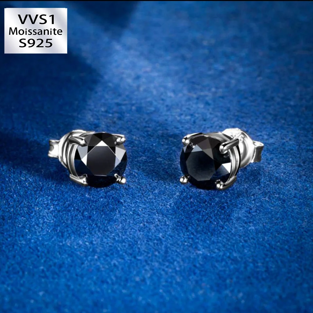 1Ct*2  VVS1 Moissanite Round Black Stud Earrings in S925 Silver