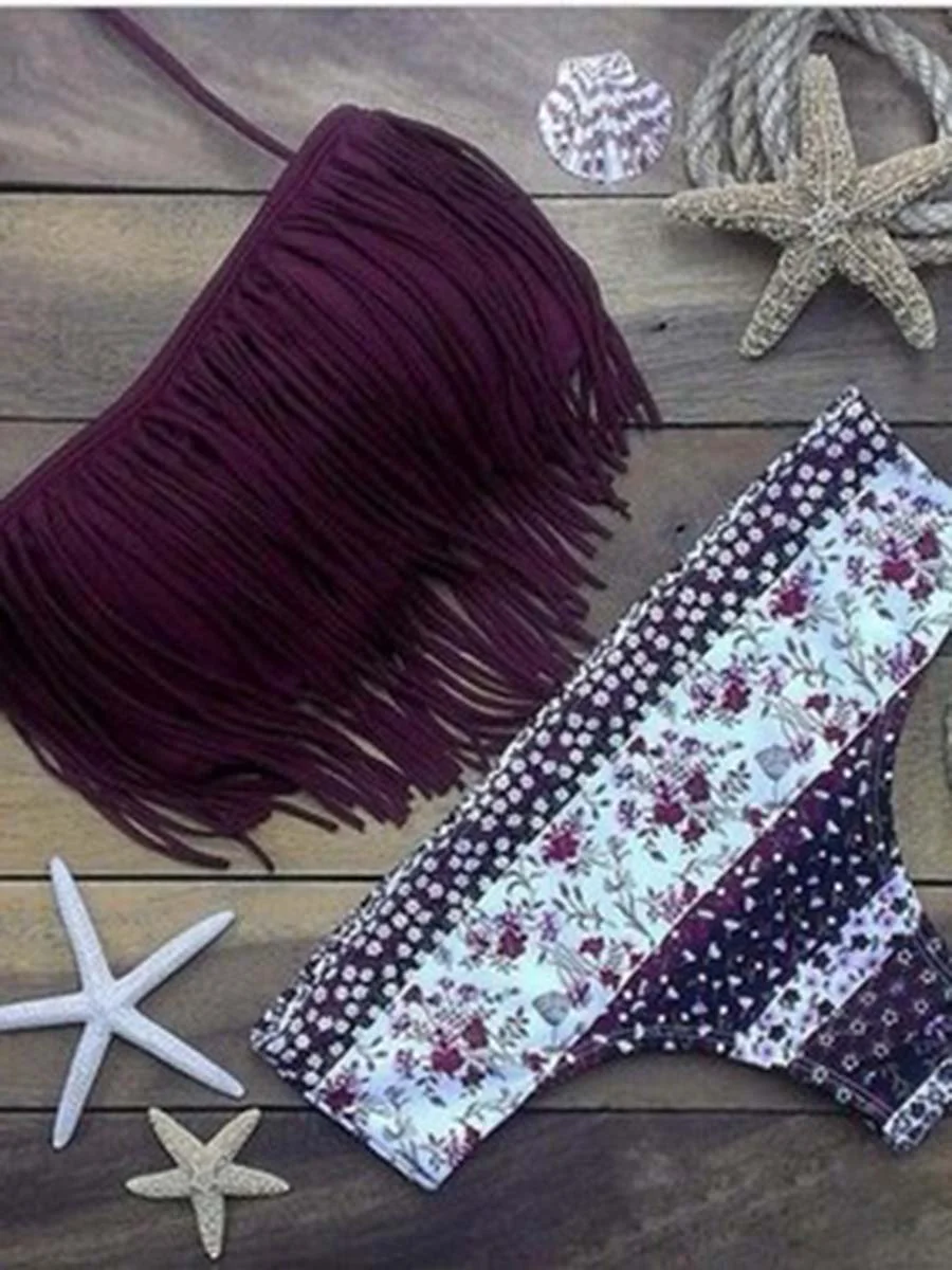 Tassel Tinny Floral Printed Bikini Set