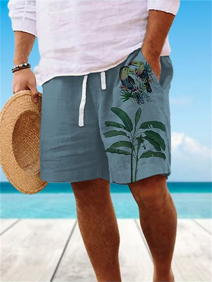 Beach Shorts Bird Botanical Print Blue Gray Brown S M L XL 2XL 3XL 4XL 5XL