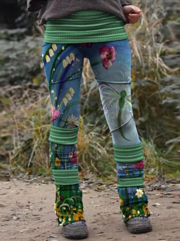 Retro floral dragonfly print stitched thermal integrated Leggings