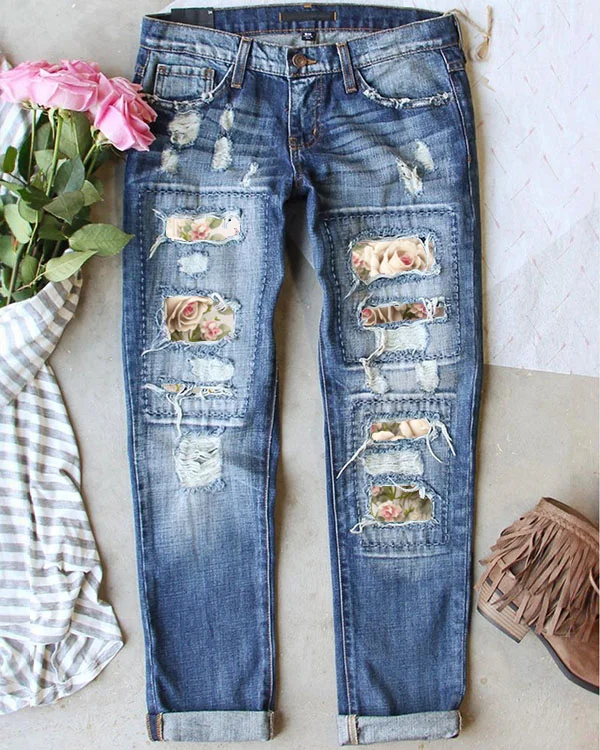 Gorgeous Rose Jesus Floral Easter Ripped Jeans