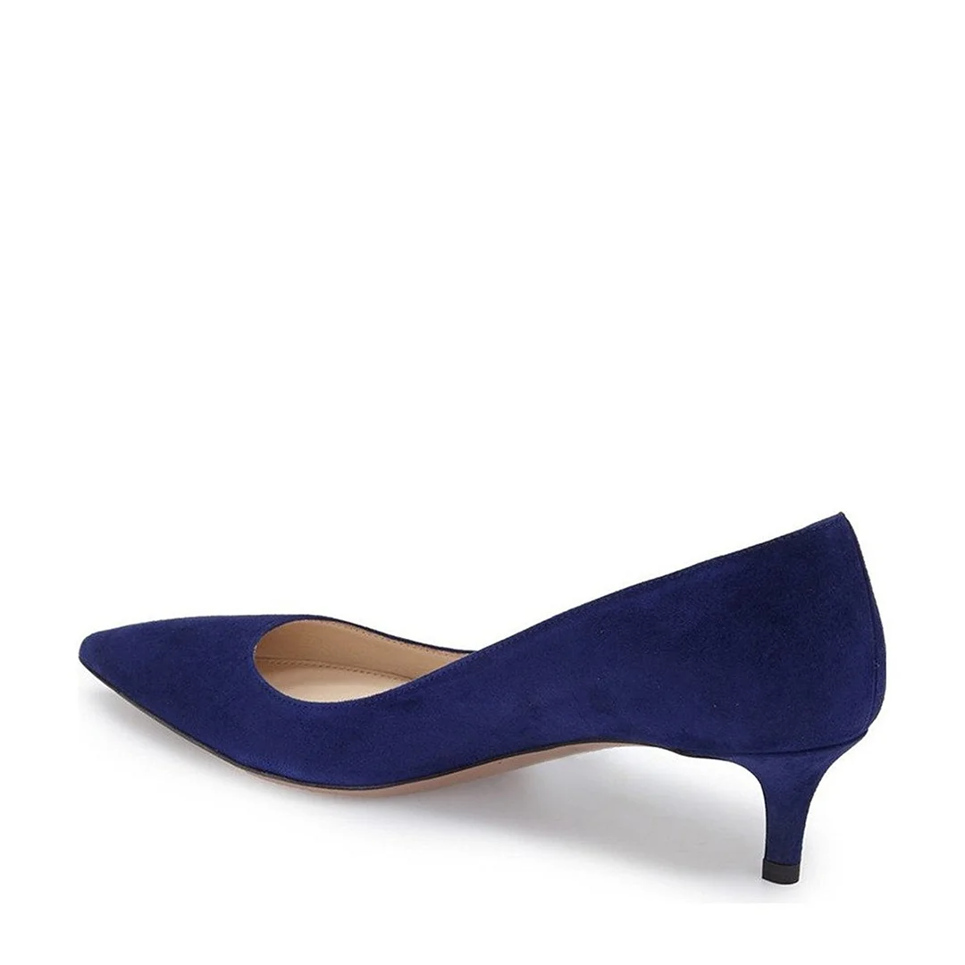 Women's Dark Blue Faux Suede Pointed Classy Pumps with Kitten Heels