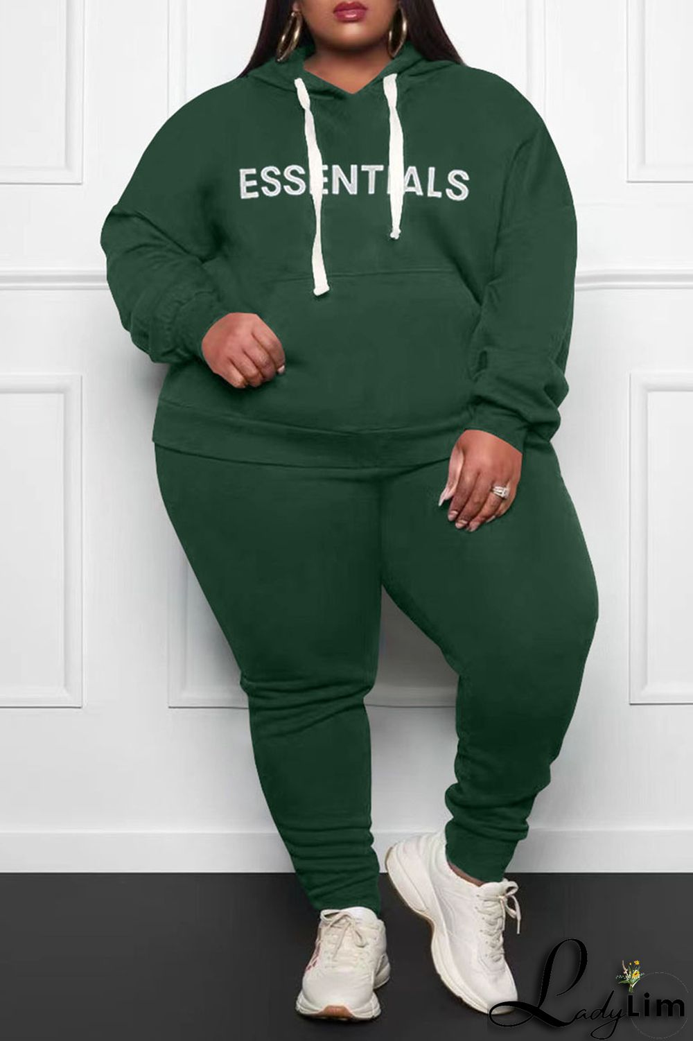 Grey Casual Print Split Joint Hooded Collar Plus Size Two Pieces