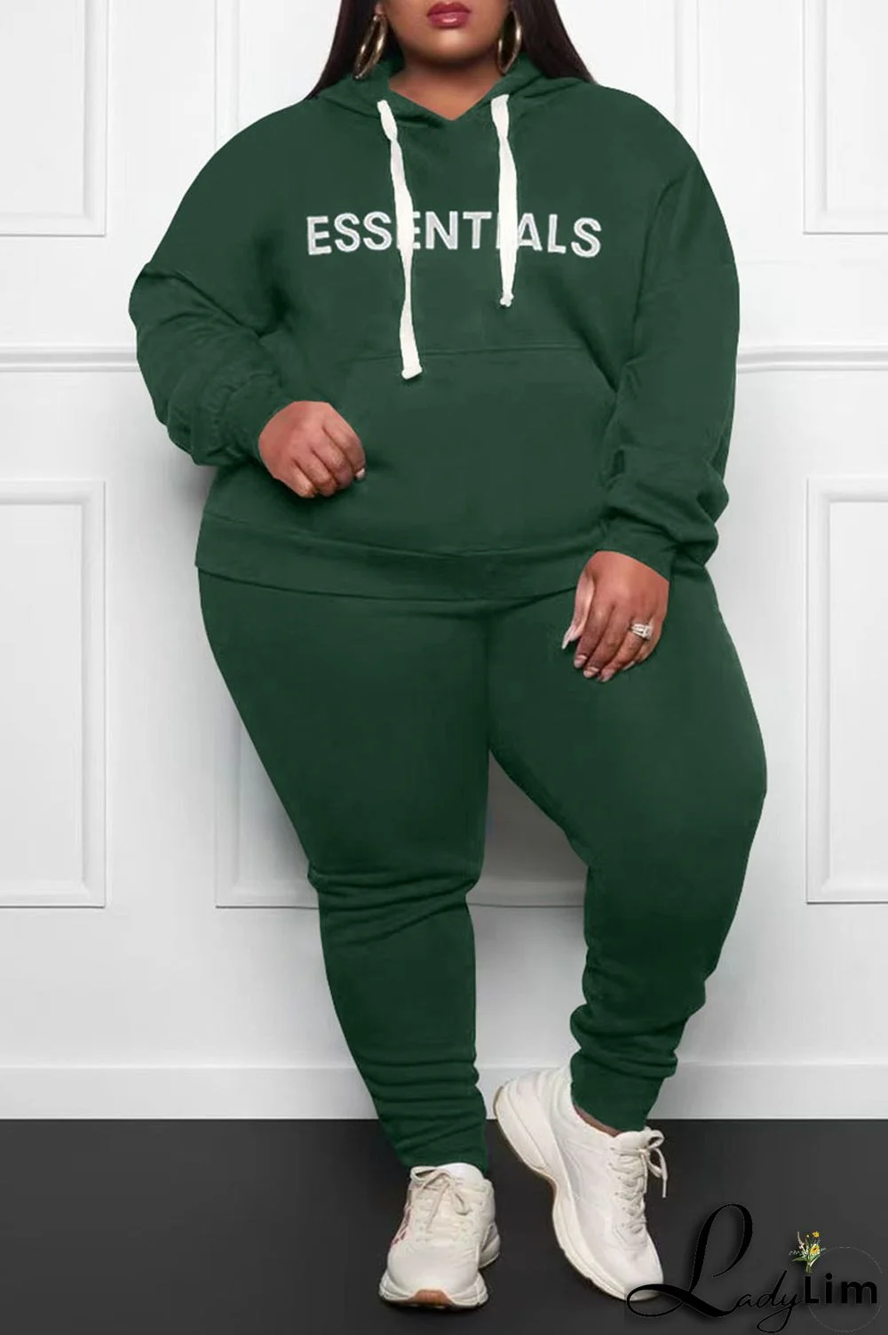 Grey Casual Print Split Joint Hooded Collar Plus Size Two Pieces