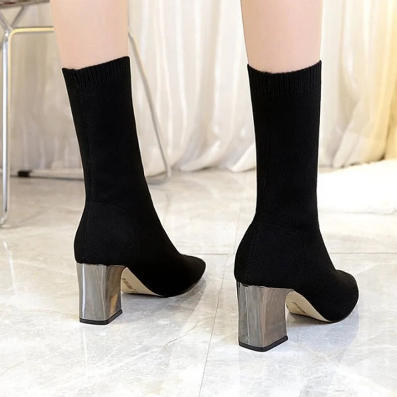 Women Black Ankle Sock Boots 2020 Fashion Spring Autumn Stretch Boots Chunky High Heels Pointed Toe Women Shoes 1218