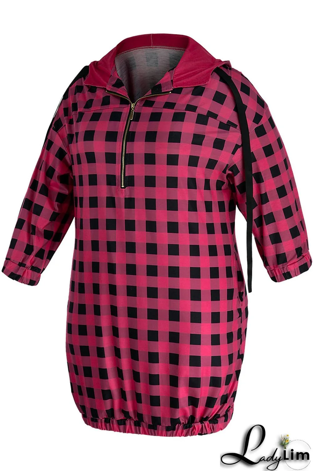 Black Casual Plaid Print Zipper Collar Straight Plus Size Dresses