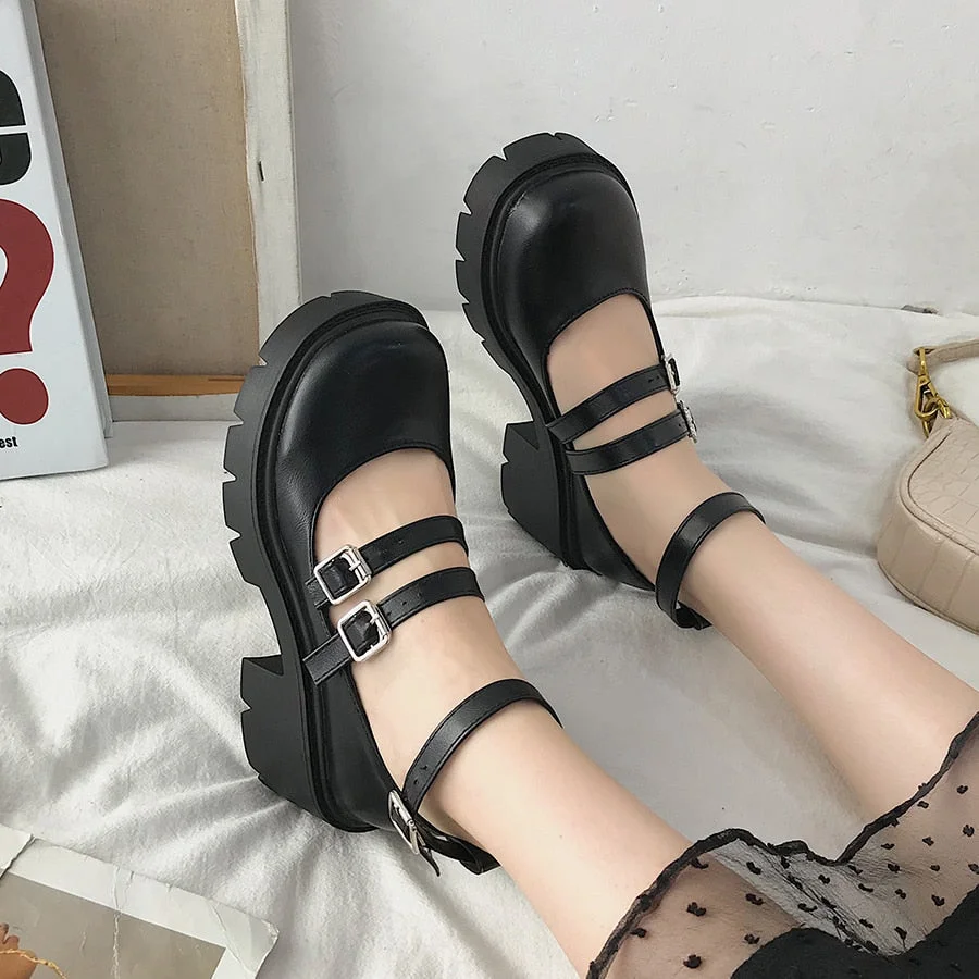 Japanese Style Lolita Shoes for Girls Women JK Black Gothic Thicken College Student cosplay costume High Heel Round Toe Shoes