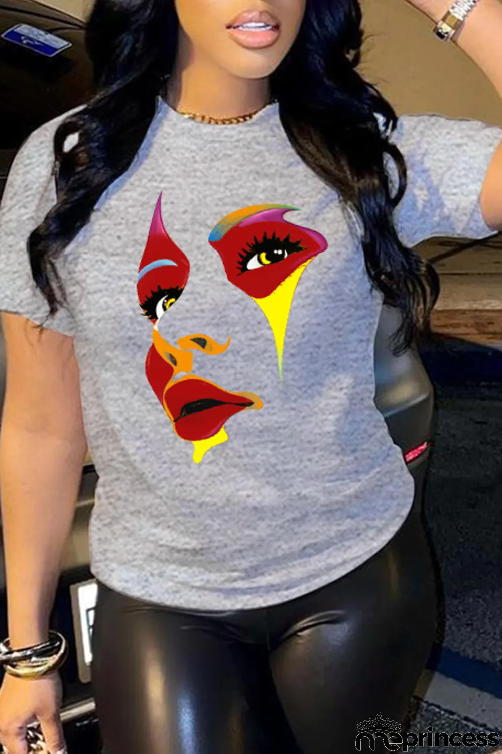 Black Street Print Patchwork O Neck T-Shirts