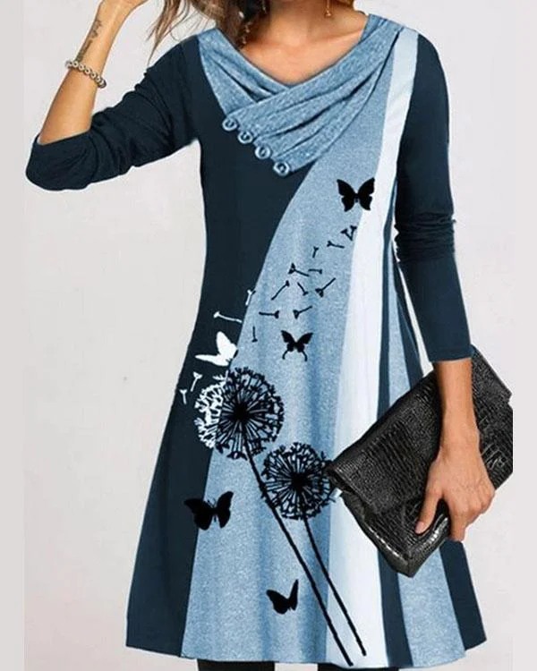 dandelion print stripe long sleeve v neck a line dress p573348