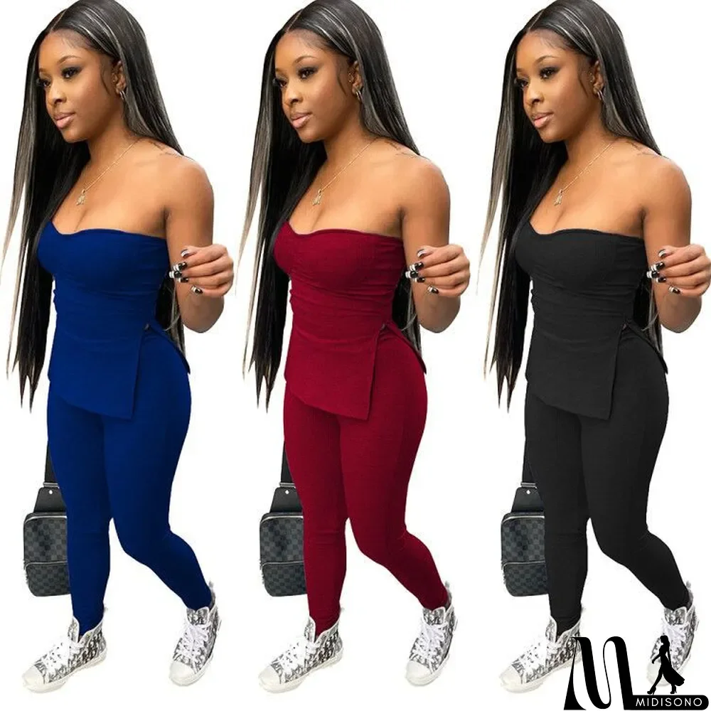 MidiSono - Solid Split Tube Top And Pants 2 Piece Sets