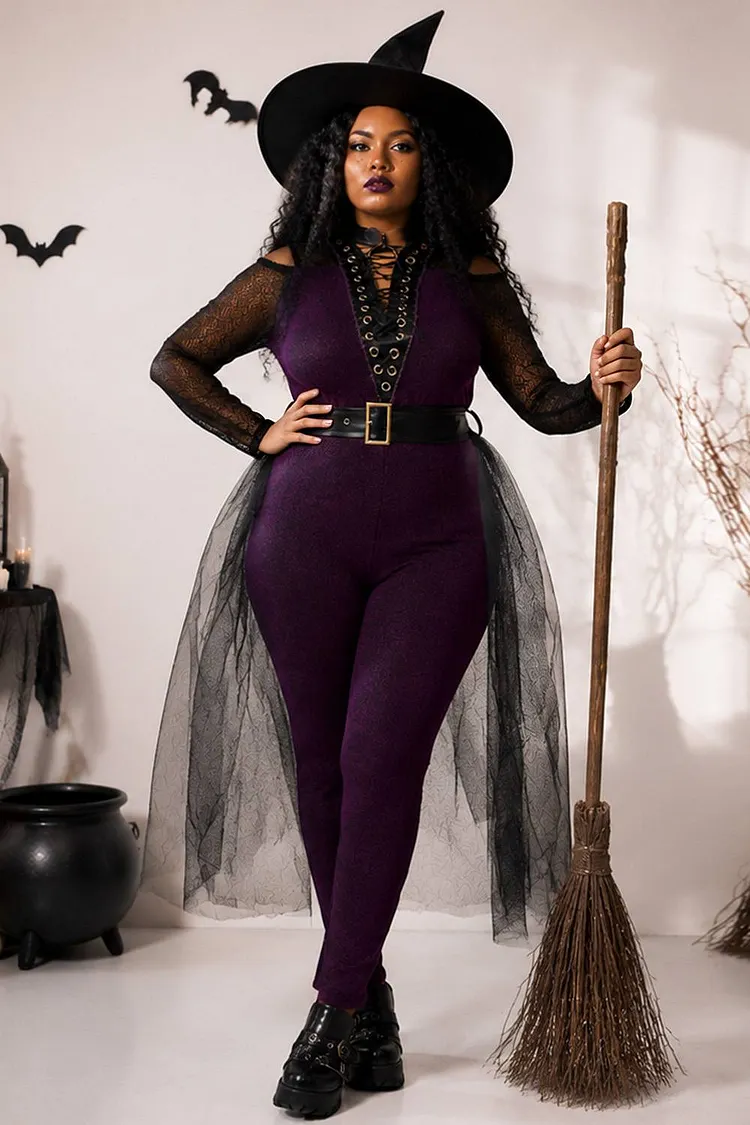 Xpluswear Design Plus Size Halloween Costume Cosplay Purple Witches Lace Up Overlay Skirt Glitter Jumpsuits（Ships 24h） 2024 - Xpluswear