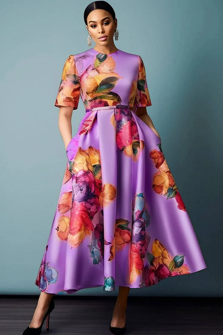 Xpluswear Design Plus Size Wedding Guest White Floral Round Neck Short Sleeve Pocket Satin Midi Dresses 2024 - Xpluswear