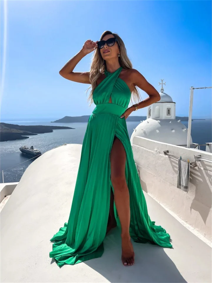 Summer Sleeveless Cross Neck Dress with Split Hem