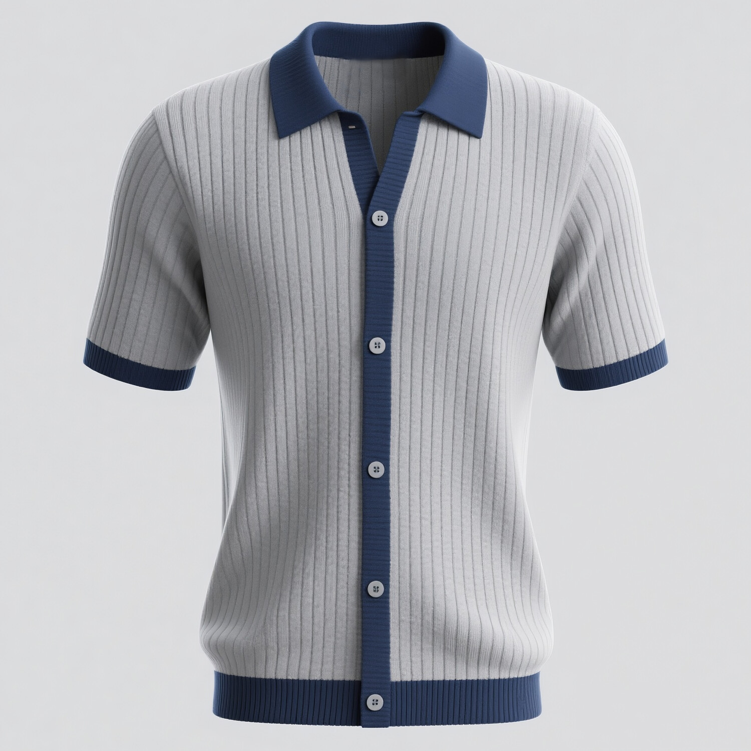 Men's Knitted Turndown Collar Short Sleeve Single Breasted Colorblock Shirt