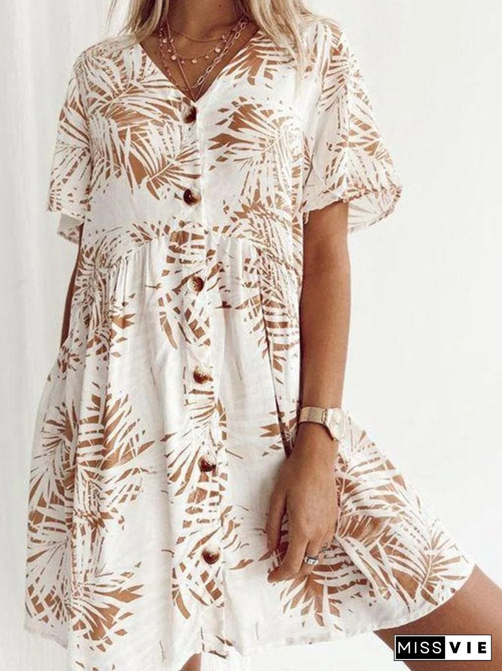 Cotton-Blend Casual V Neck Printed Dresses