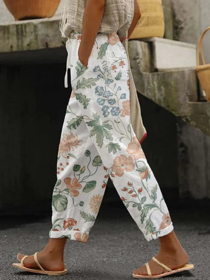 Women's Botanical Floral Design Print Lace-Up With Elastic Waist Loose Casual Pants