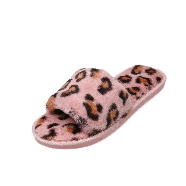Thick Winter Women House Slippers Faux Fur Fashion Warm Shoes Woman Slip on Flats Female Slides Leopard Cozy Home Furry Slippers