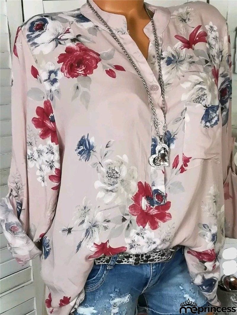 Women's Beautiful Floral Printed Long Sleeve V neck Blouses