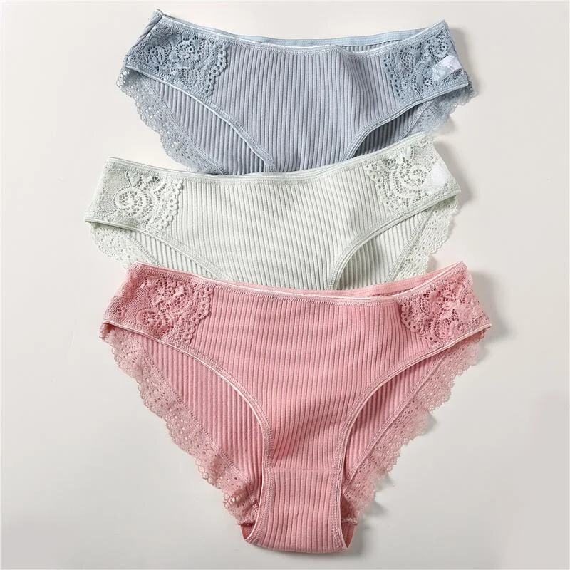 3PCS/Set 6 Color Women Panties Cotton Lace Briefs Solid Color for Female Striped Sexy Cotton Underwear Lingerie Low Waist Flower