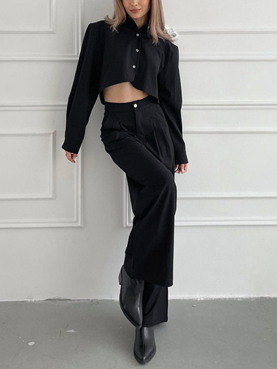 Turndown Collar Single-Breasted Top & Wide Leg Pants Sets