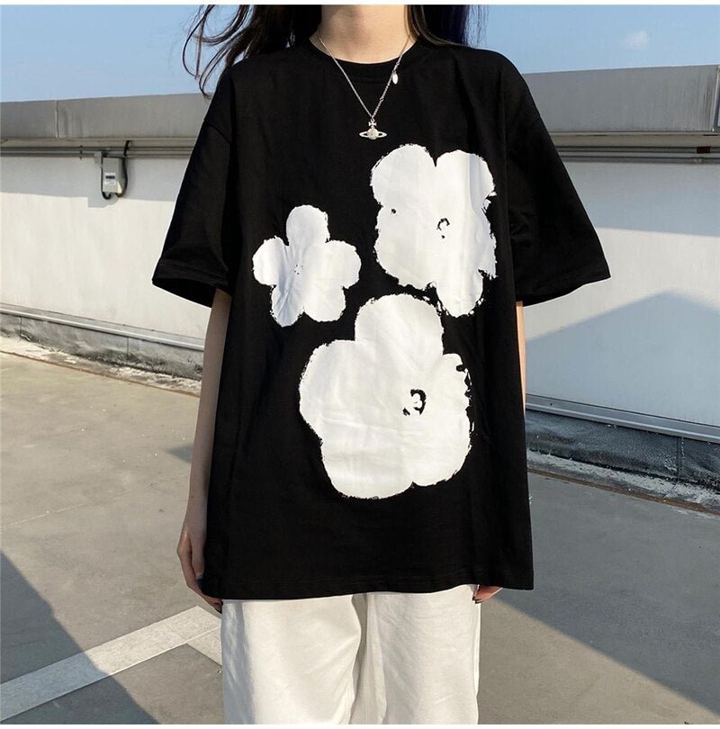 Korean style Graphic Tees Harajuku short sleeve print T Shirt Summer new pure cotton women casual loose Tops black woman TShirts
